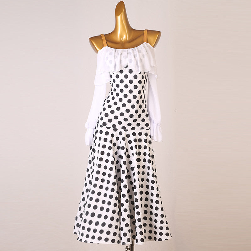 Polka dot ballroom dance dress front view on the mannequin