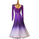 Purple ballroom dance dress with silver scroll beading and white ombre hem