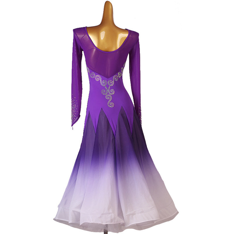 Purple ballroom dance dress with silver scroll beading and white ombre hem