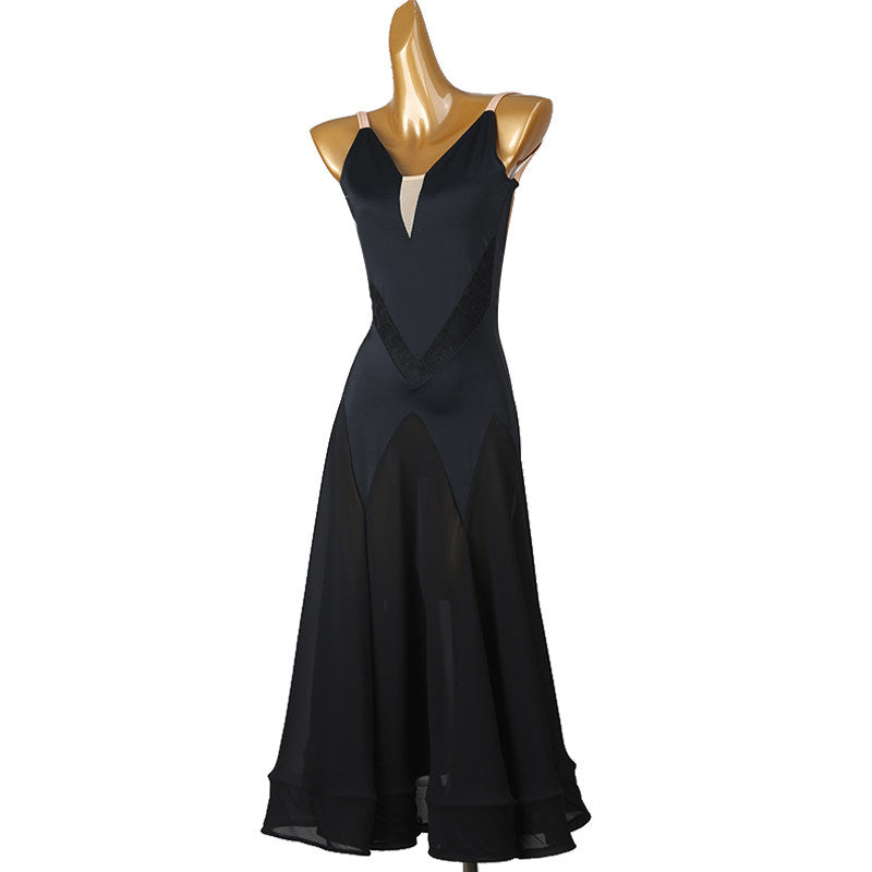Black practice dress with the godet skirt hanging straight