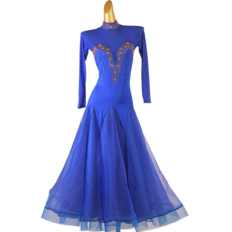 Royal blue ballroom dance dress with gold embroidered bodice