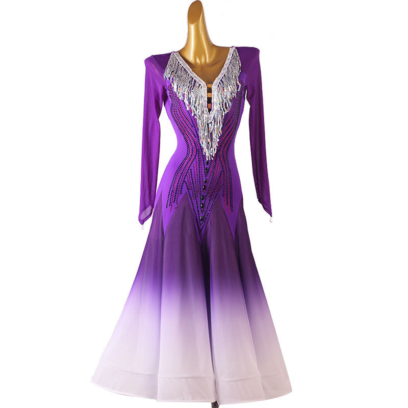 Purple ballroom competition dress with silver fringe bodice and ombre skirt