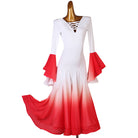 White ballroom dance dress with red ombre chevron skirt sweeping to the side