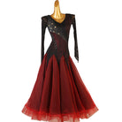 Black and red ballroom competition dress with the fringed mesh sleeves hanging