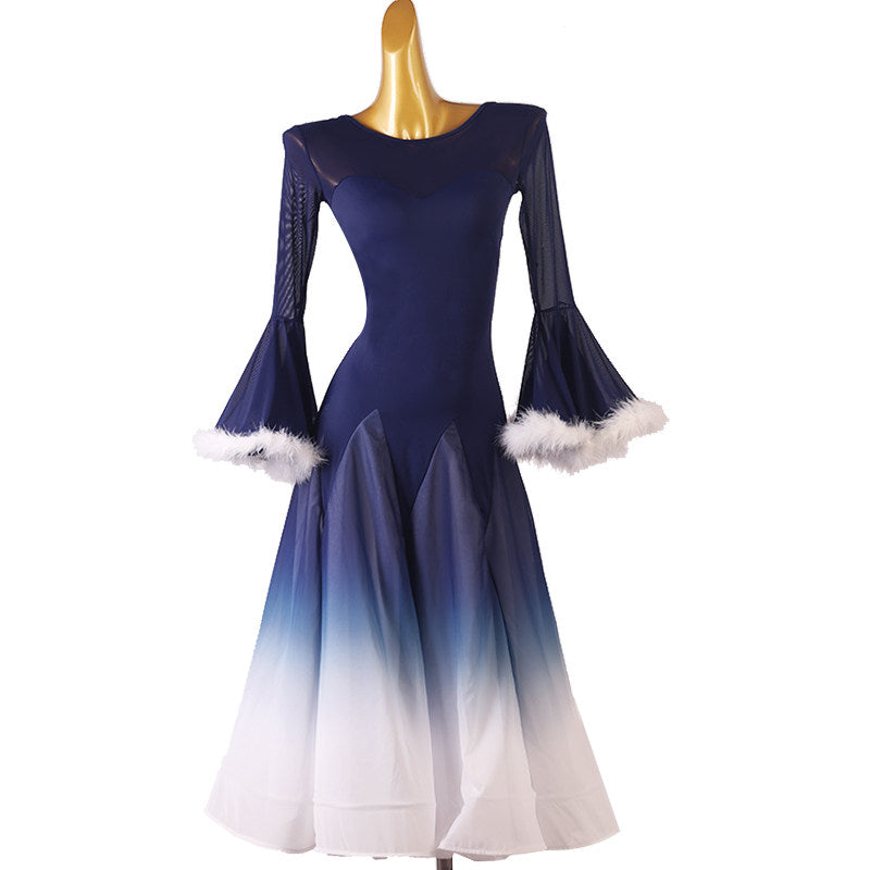 Navy and white ombre version of the feather cuff ballroom dance dress