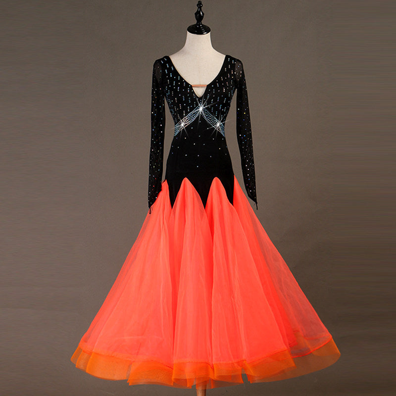 Orange ombre ballroom gown with rhinestone crossover waist bands