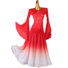 Red and white ballroom dress with the flare sleeve lifted to the side