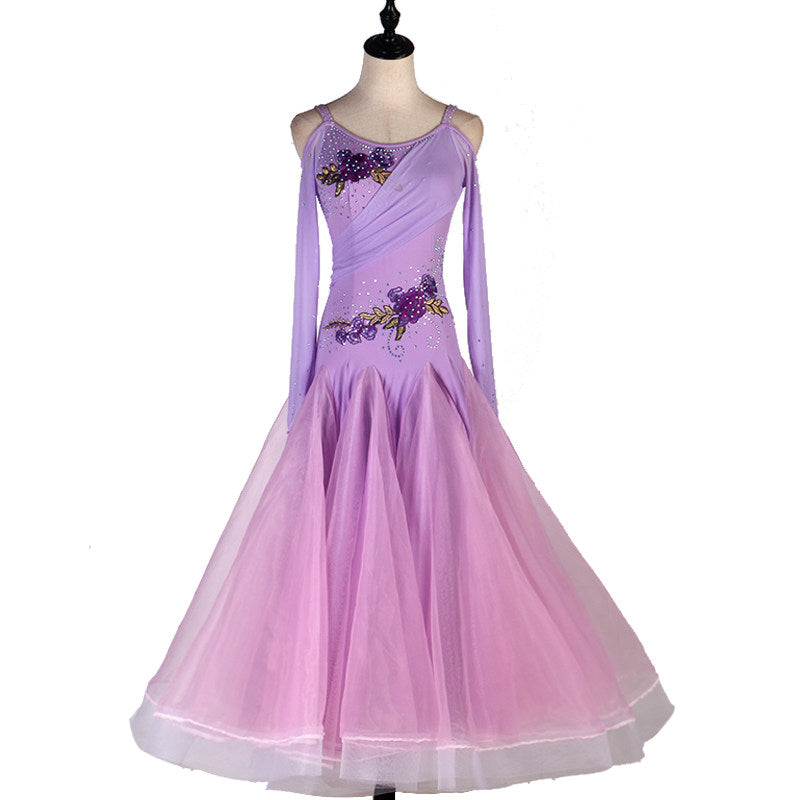 Lavender ballroom dance dress with embroidered waist applique