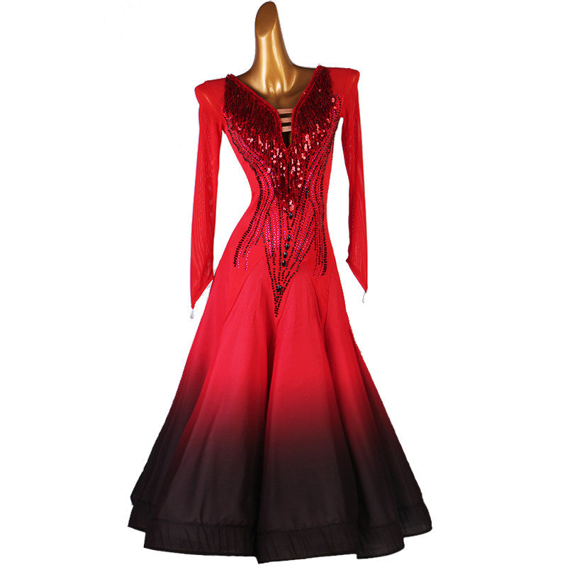 Red sequin bodice ballroom dance dress front view with the ombre skirt hanging