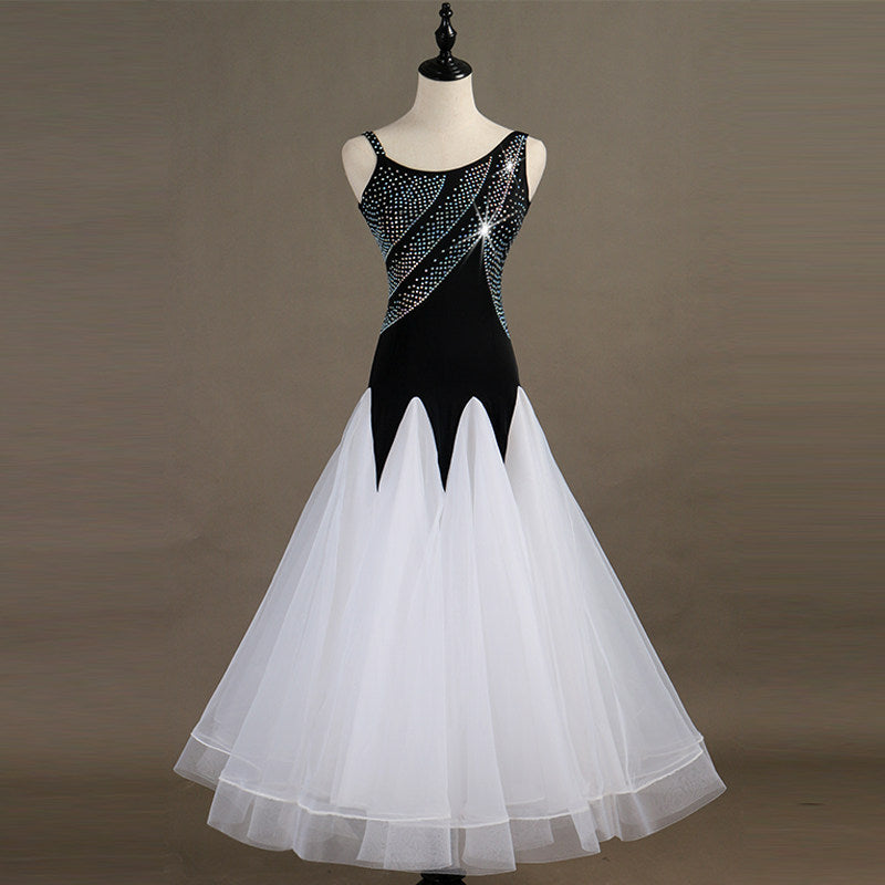 Black and white ballroom dance dress front view on mannequin