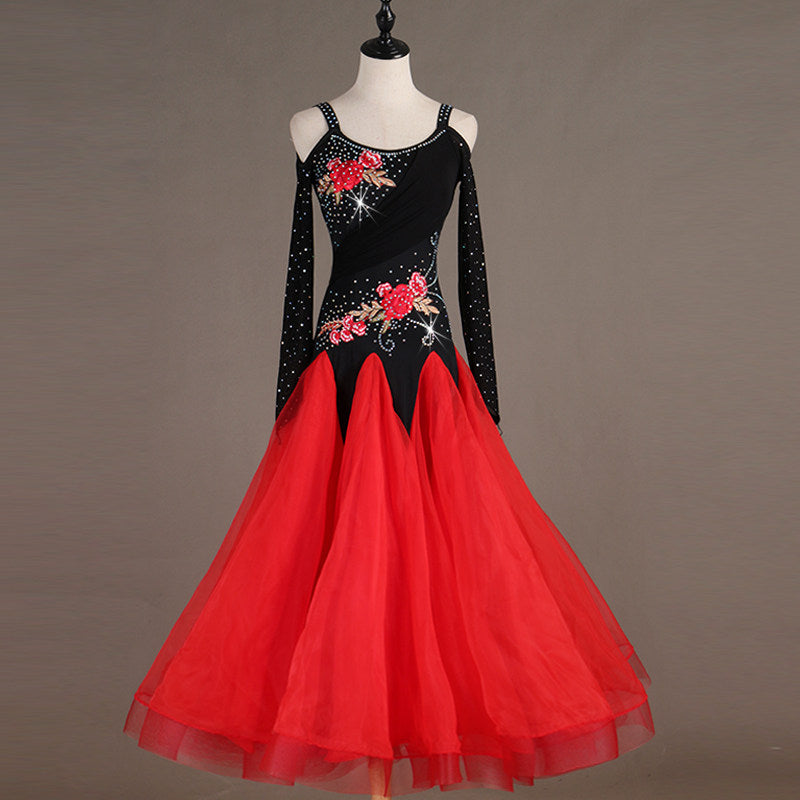 Black and red cold shoulder ballroom dance dress with rose embroidery