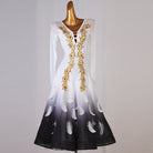 White ballroom competition dress with gold embroidery and black feather print hem