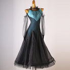 Teal ruched yoke ballroom dress front view on the mannequin