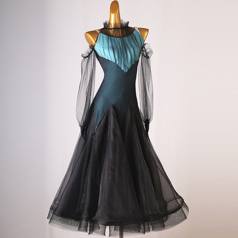 Teal ruched yoke ballroom dress front view on the mannequin