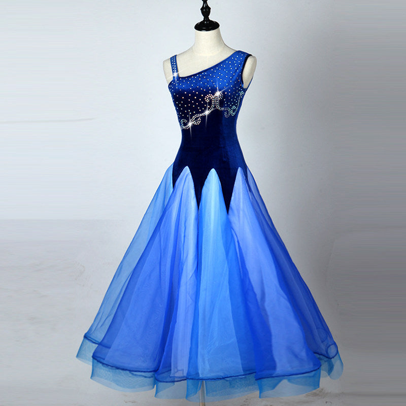 Blue ombre ballroom gown with pointed velvet bodice hem