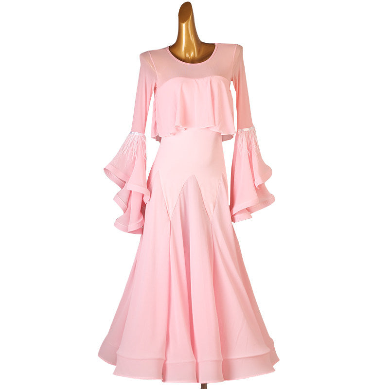 Pink cape ruffle ballroom dress with the skirt panels falling straight