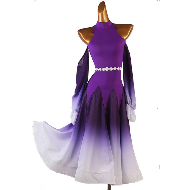 Purple ombre halter ballroom dance dress with cold shoulder tie sleeves