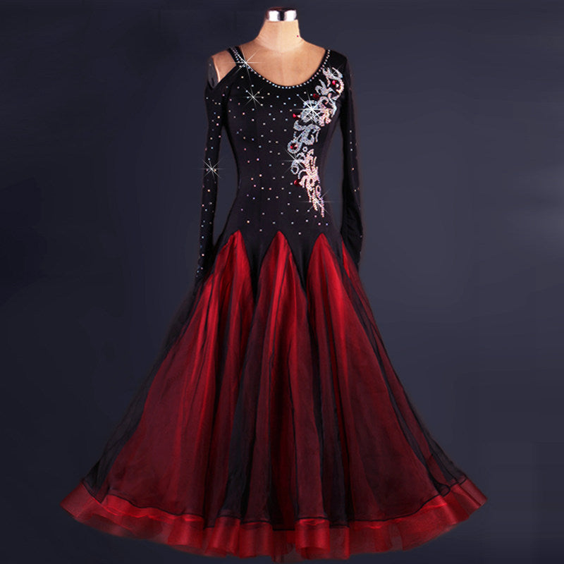 Black and red ballroom competition dress with silver scroll embroidered velvet bodice