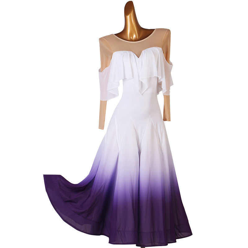 Purple ombre ballroom dance dress with the skirt sweeping wide to one side
