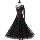 Black one shoulder ballroom dance dress three quarter view
