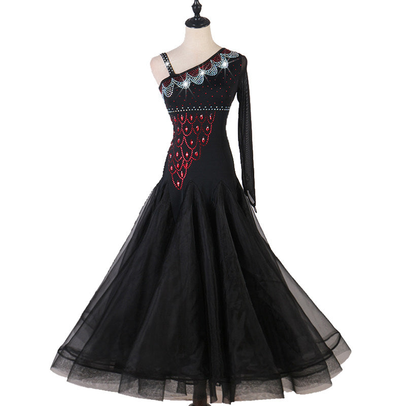 Black one shoulder ballroom dance dress three quarter view