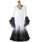 White and black ombre ballroom dance dress with lace-up V neckline on mannequin