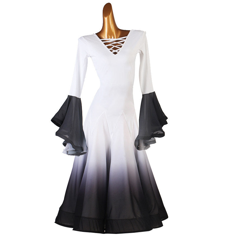 White and black ombre ballroom dance dress with lace-up V neckline on mannequin