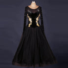 Black ballroom gown with gold applique velvet bodice and rhinestone mesh yoke