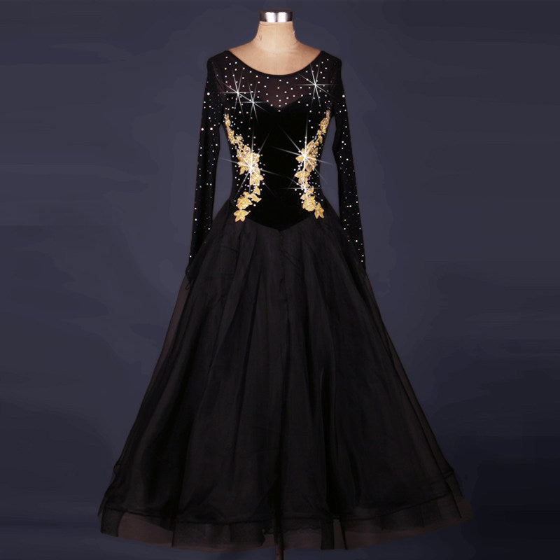 Black ballroom gown with gold applique velvet bodice and rhinestone mesh yoke