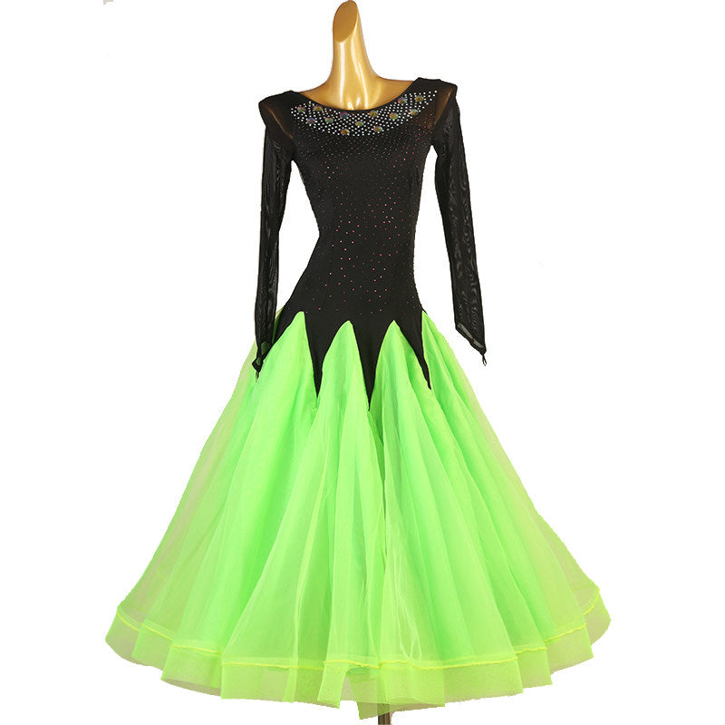 Black and neon green ballroom dance dress with the tulle skirt lifted