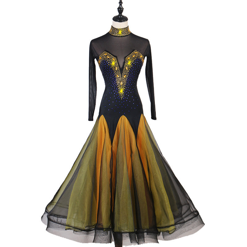 Gold and black ballroom gown front view with godet swing skirt