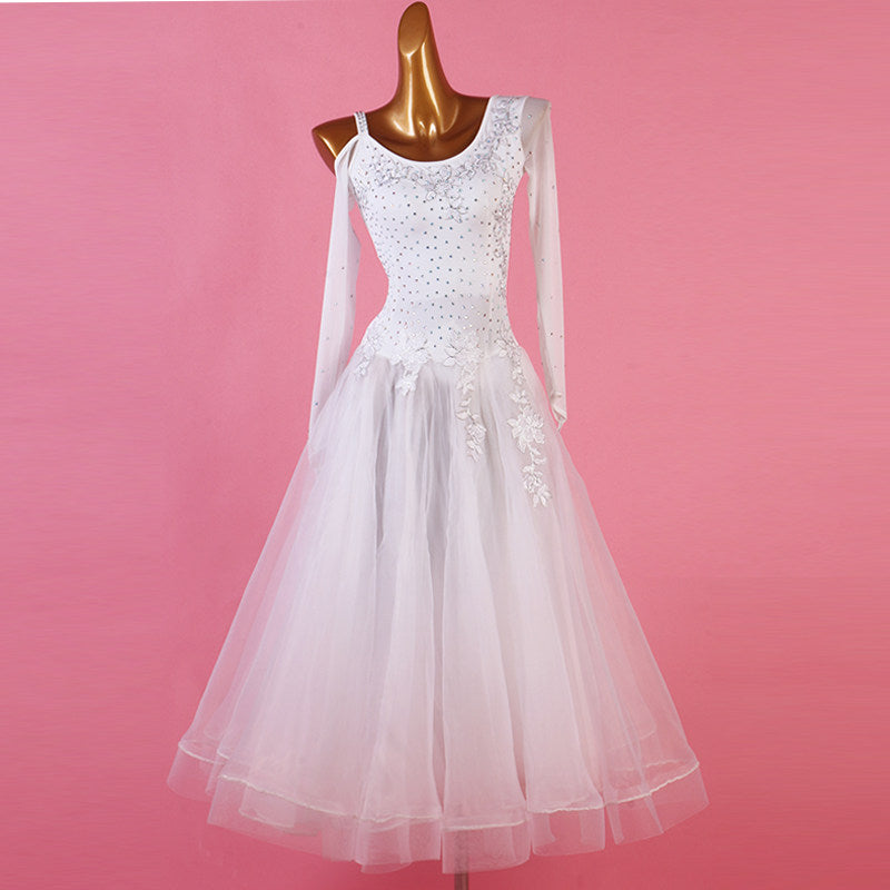 White ballroom gown with tonal floral lace applique and full tulle skirt