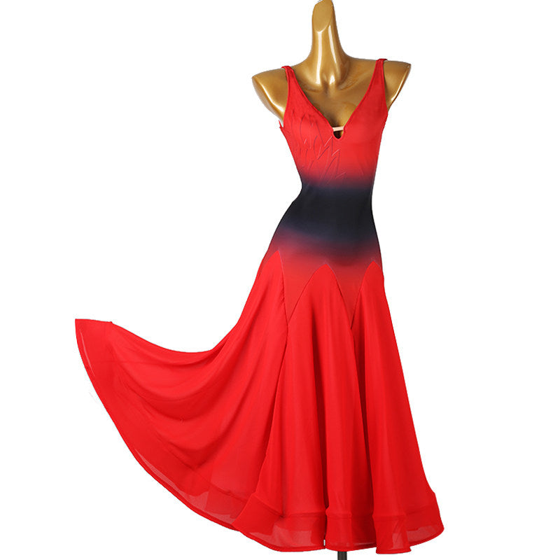 Red and black ballroom dance dress with the skirt swept to the side