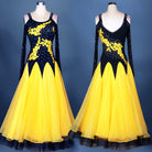 Yellow ballroom competition gown front and back views on mannequin