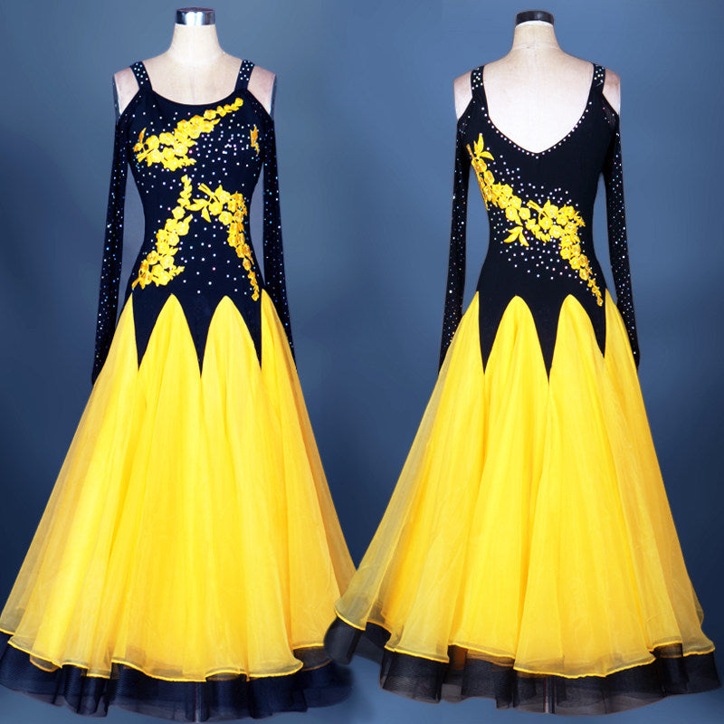 Yellow ballroom competition gown front and back views on mannequin