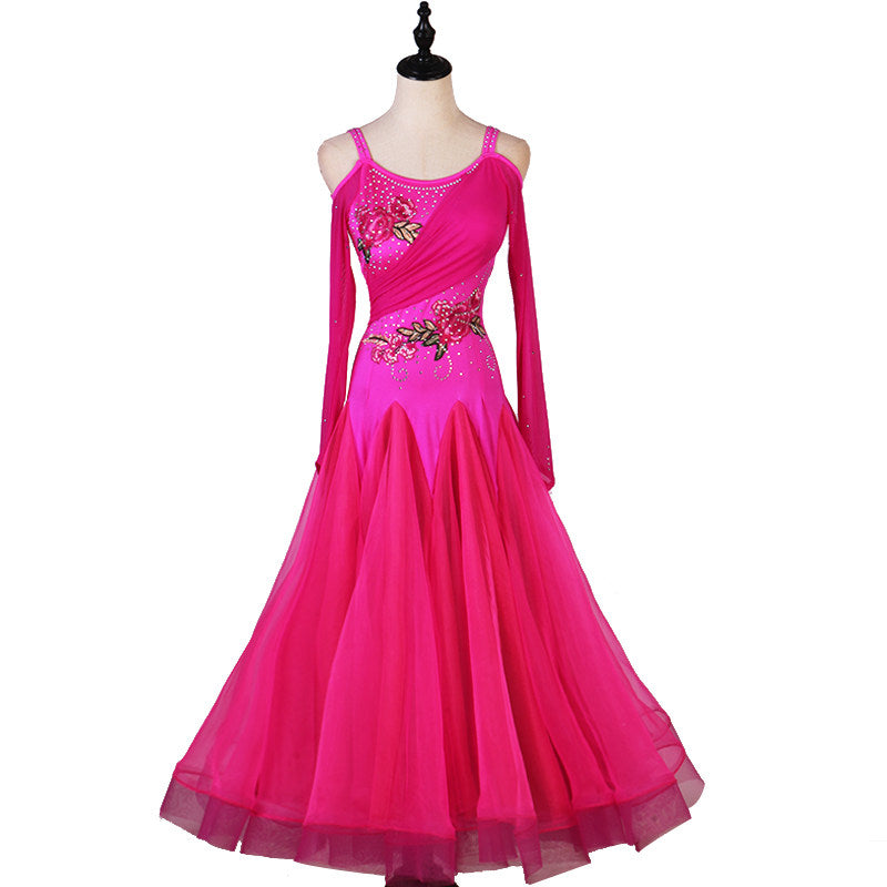 Fuchsia cold shoulder ballroom dance dress with ruched bodice