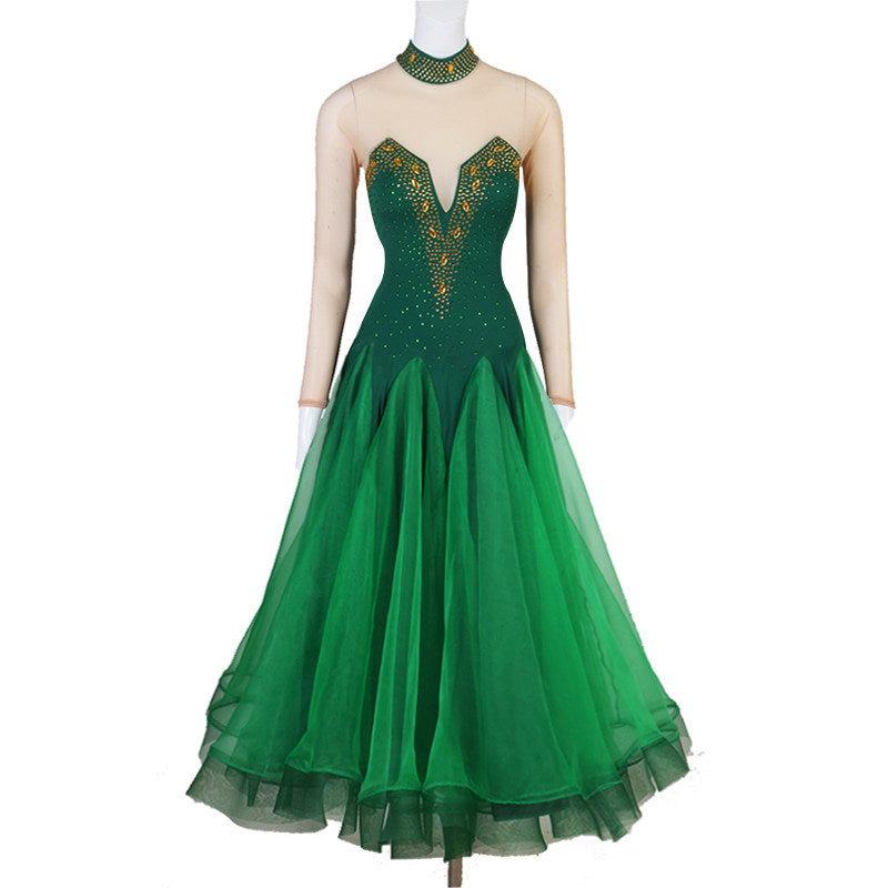 Green ballroom dance dress with gold embroidered bodice and full skirt