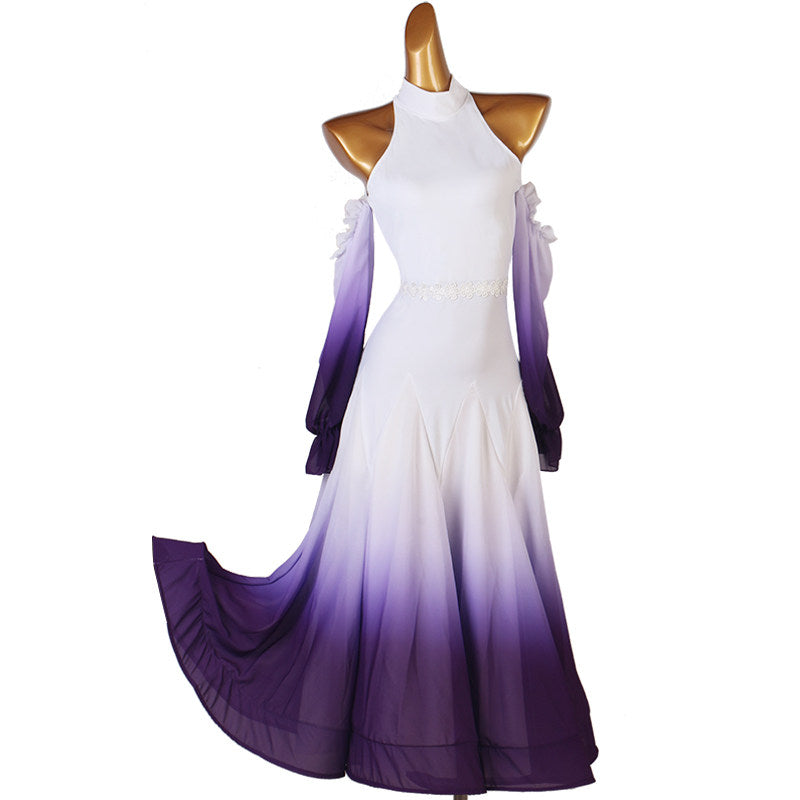 White to purple ombre halter ballroom dance dress on mannequin