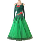 Green cold shoulder ballroom dance dress with rose applique bodice