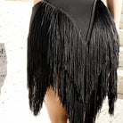 Black asymmetric fringe skirt, back view with V-cut fringe