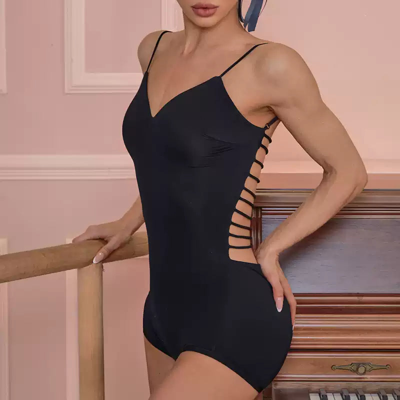 Latin Dance Leotard Ladder Cutout Side Spaghetti Strap Bodysuit in Black, on model