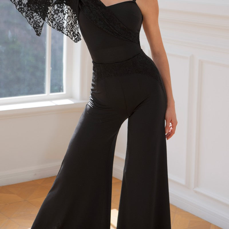 Lace Panel Ballroom Dance Pants Wide Leg Palazzo Practice Trousers, view 4
