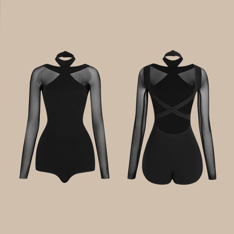 Latin Dance Leotard Mock Neck Mesh Yoke Cross Back Bodysuit, view 2