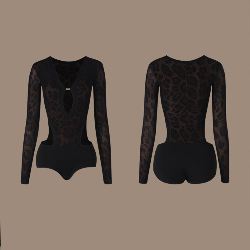 Latin Dance Leotard Leopard Mesh Zip Front Deep V Bodysuit, view 2