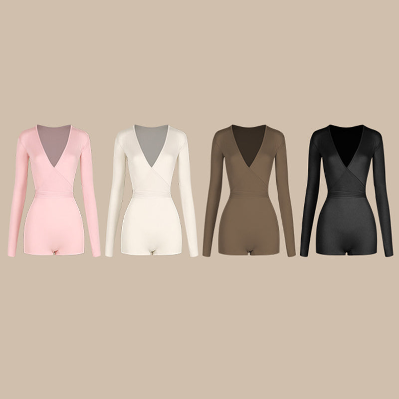Latin Dance Leotard Wrap Front Tie Waist Long Sleeve Bodysuit, view 2