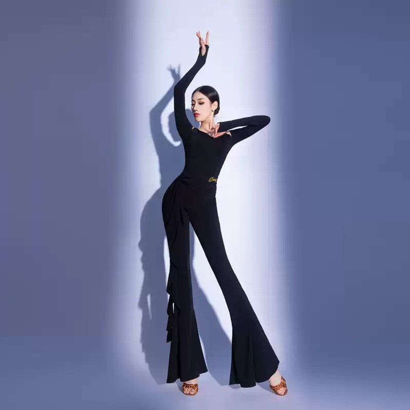 Ruffle Trim Ballroom Dance Pants High Waist Bell Bottom Practice Trousers, view 6