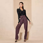 Purple Latin Dance Pants High Waist Pleated Belted Practice Trousers, view 2