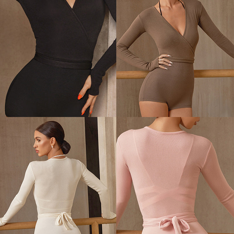 Latin Dance Leotard Wrap Front Tie Waist Long Sleeve Bodysuit, view 15