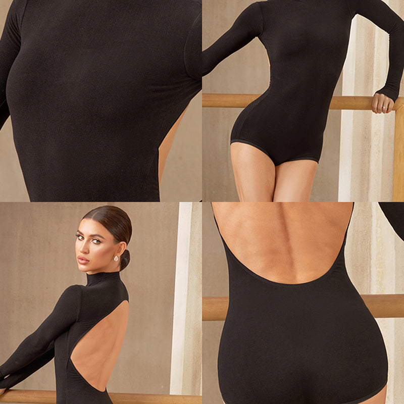 Latin Dance Leotard Mock Neck Long Sleeve Open Back Bodysuit, view 12
