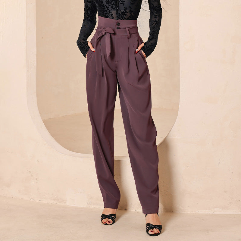 Purple Latin Dance Pants High Waist Pleated Belted Practice Trousers in Purple, on model